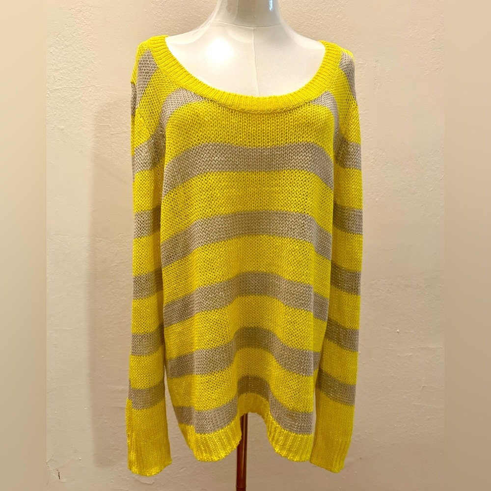 J.Crew Loose Knit Striped Yellow & Grey Sweater, Size Large, 100% Linen - Picture 4 of 7